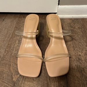 Slide-on Sandal, Block Wicker 3” Heel, Double Clear Straps